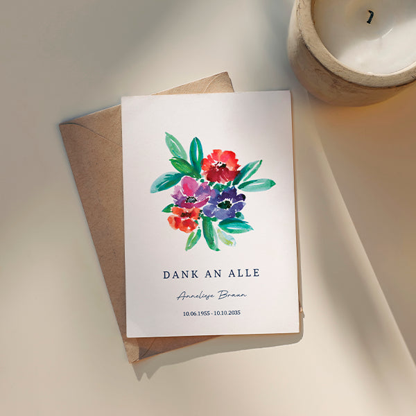 Trauer-Danksagungskarte mit Blumen, eine feine und liebevolle Aufmerksamkeit für Ihre Liebsten.